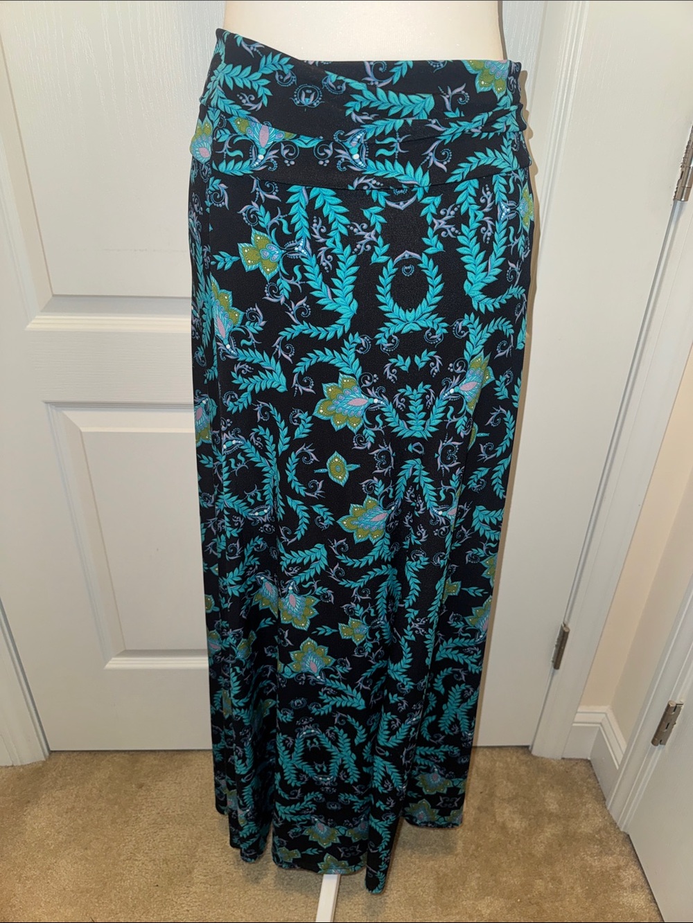 LuLaRoe Black Maxi Skirt with Teal and Green Floral Pattern - Women’s Size XS